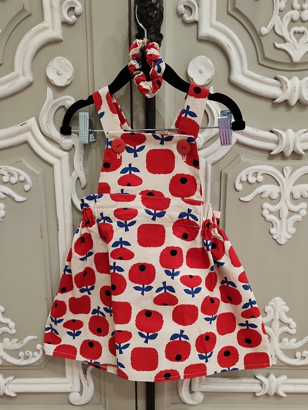 Girls Red Floral Pinafore Dress with Matching Scrunchie Size 18 - 24 Months New